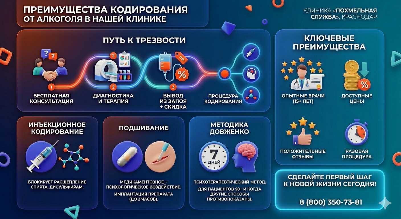 Инфографика о методах кодирования от алкоголя в Богородске: инъекции, подшивание, метод Довженко. Преимущества клиники и этапы лечения.